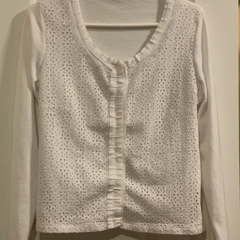 T Tahari Snap Front Cardigan With Eyelet Embroidery Inset Sz L White